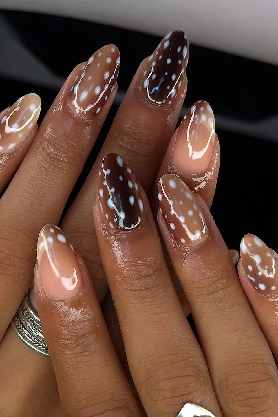 Dark Brown Nude Jelly With White Polka Dots Oval Nails Dark Brown Nude Jelly With White Polka Dots Oval Nails — Brown Chrome Nails