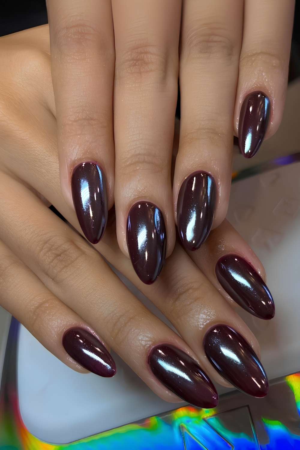 Mirror Finish Deep Brown Chrome Almond Nails Mirror Finish Deep Brown Chrome Almond Nails — Brown Chrome Nails