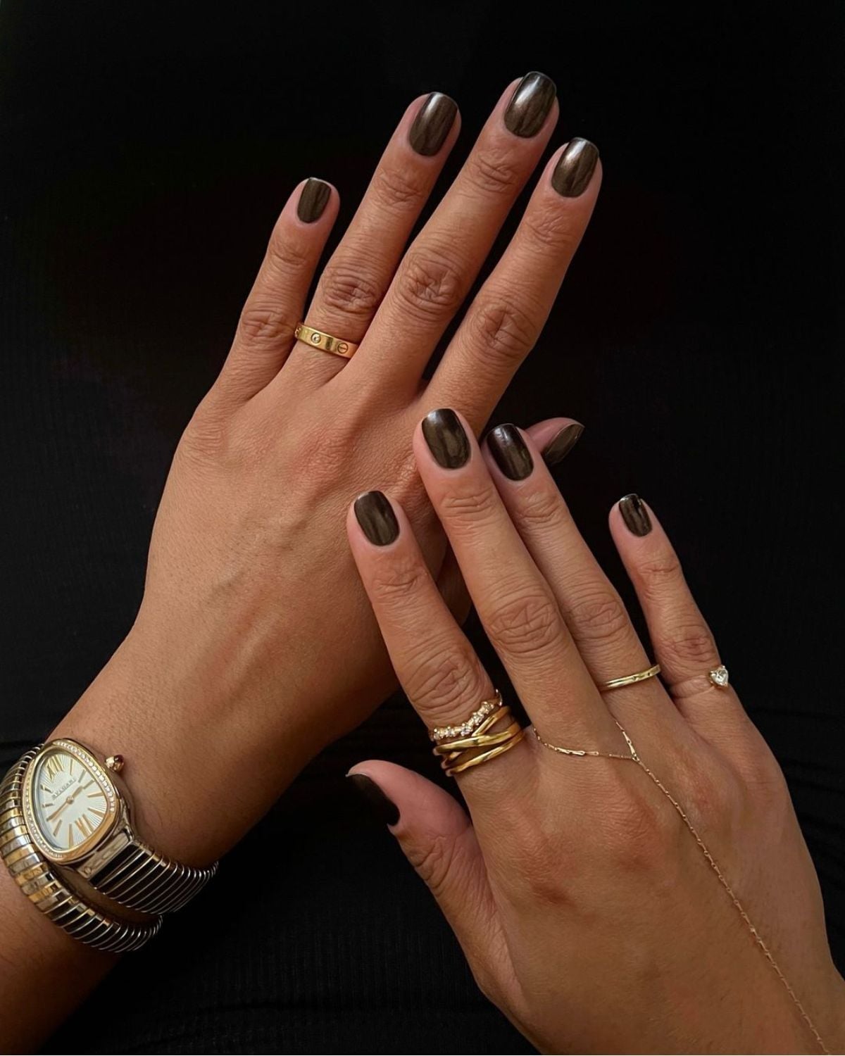 Dark Brown Chrome With Blue Pink Hints Almond Nails Dark Brown Chrome With Blue Pink Hints Almond Nails — Brown Chrome Nails