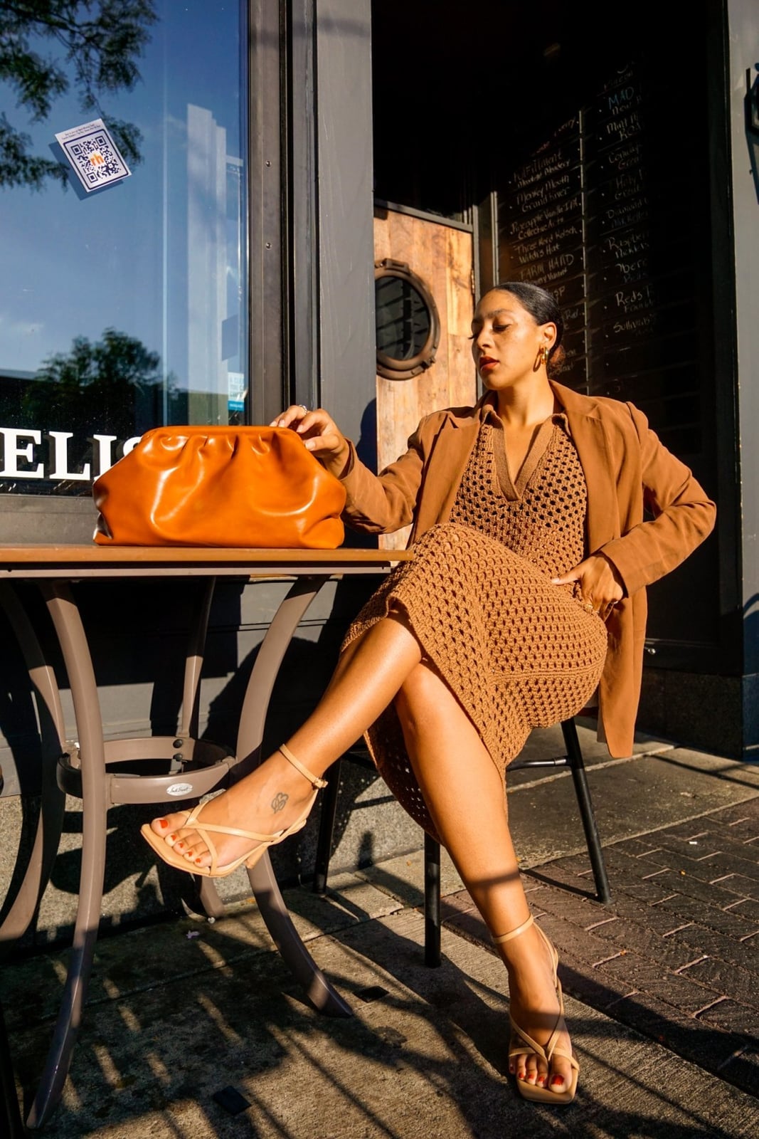 Brown crochet knit midi dress with blazer Brown crochet knit midi dress with blazer — Brown Dress Outfit