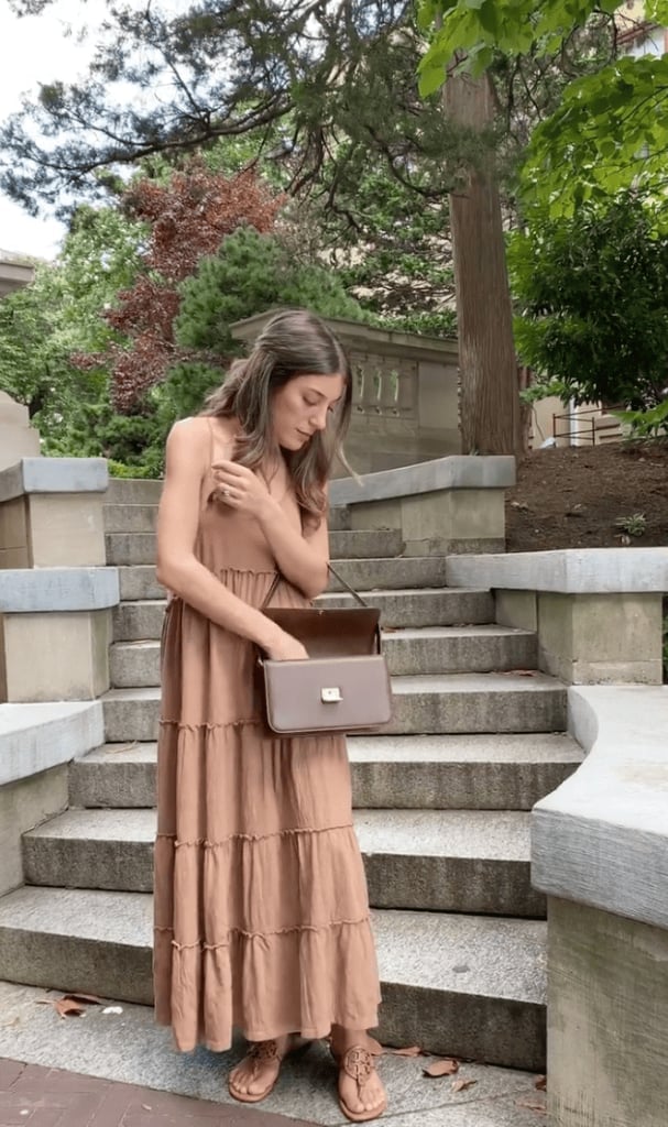 Light brown tiered midi dress Light brown tiered midi dress — Brown Dress Outfit