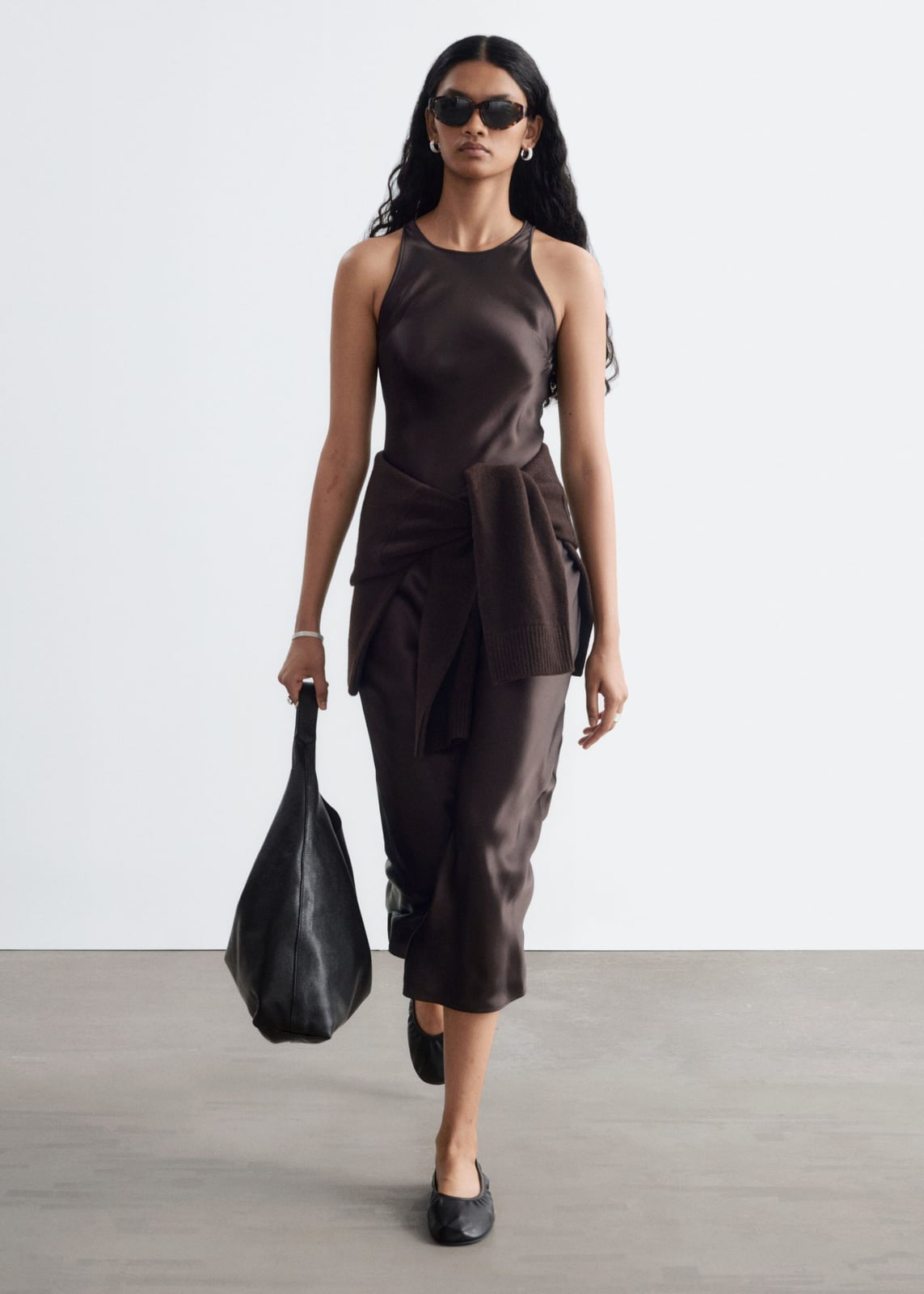 Brown satin midi dress with tied sweater Brown satin midi dress with tied sweater — Brown Dress Outfit