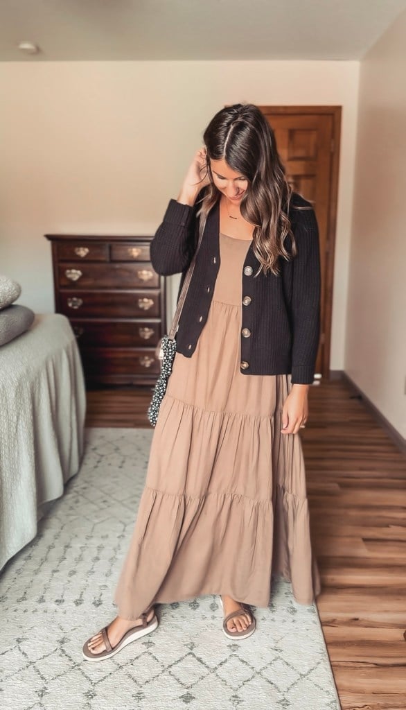 Beige slip dress with black cardigan Beige slip dress with black cardigan — Brown Dress Outfit