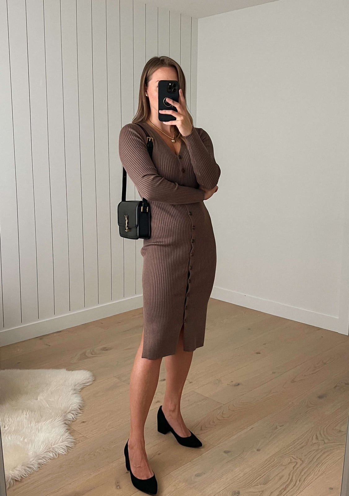 Brown ribbed knit button-front midi dress Brown ribbed knit button-front midi dress — Brown Dress Outfit