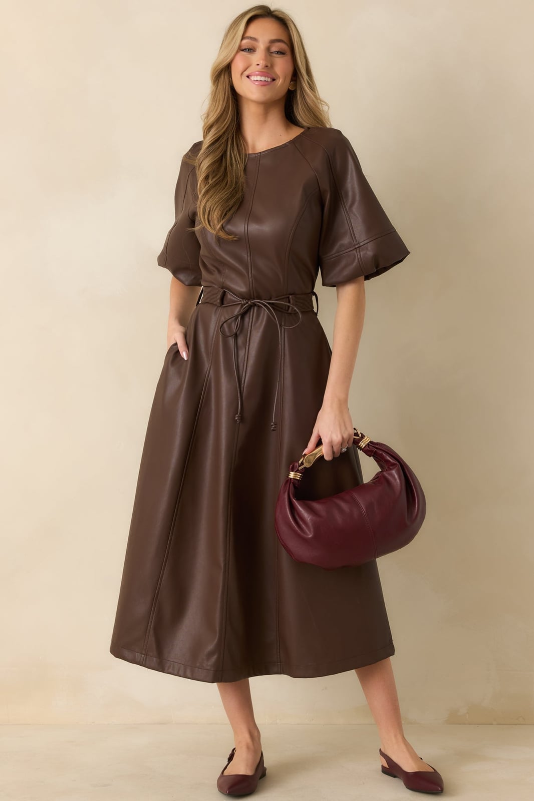 Brown faux leather midi dress with belt Brown faux leather midi dress with belt — Brown Dress Outfit