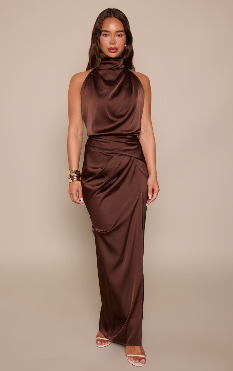 Brown satin halter neck dress with draped skirt Brown satin halter neck dress with draped skirt — Brown Dress Outfit