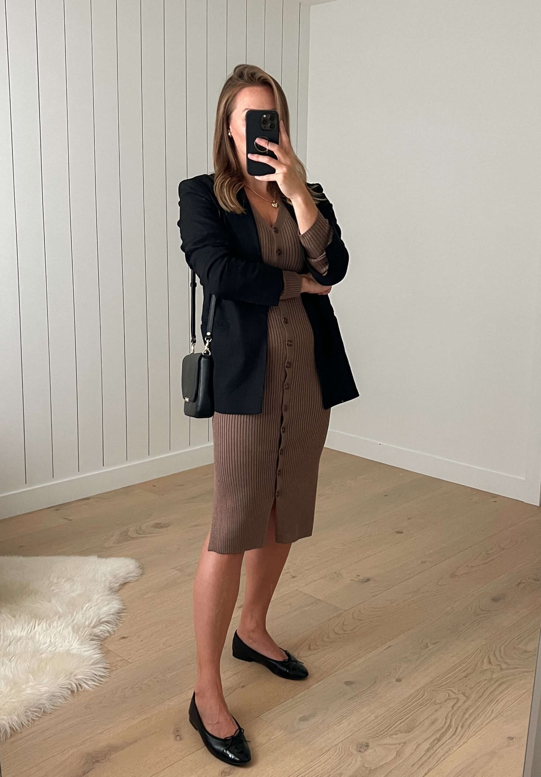 Brown ribbed knit button-front midi dress with blazer, Close-Up Take Brown ribbed knit button-front midi dress with blazer, Close-Up Take — Brown Dress Outfit