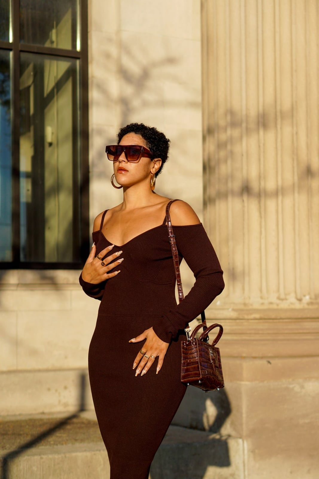 Brown ribbed knit midi dress with off-shoulder design, Close-Up Take Brown ribbed knit midi dress with off-shoulder design, Close-Up Take — Brown Dress Outfit