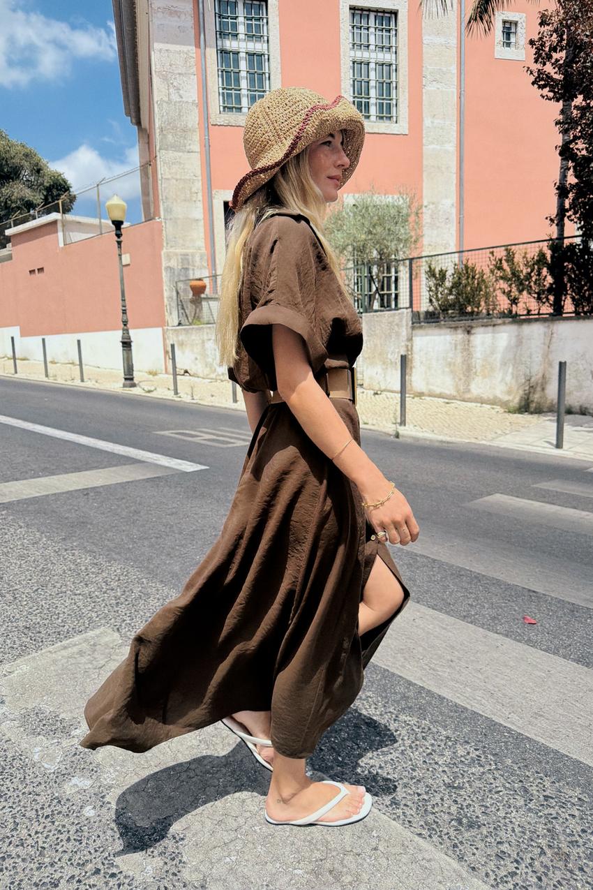 Brown linen midi dress with wide belt Brown linen midi dress with wide belt — Brown Dress Outfit