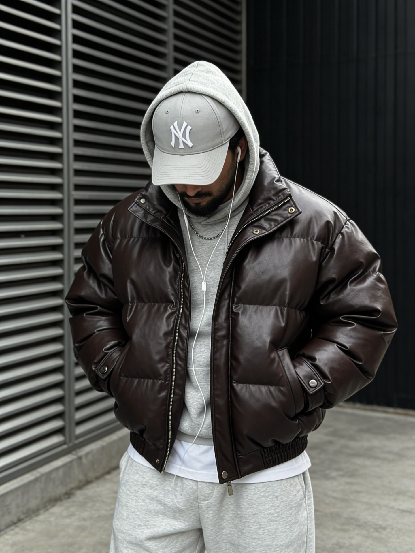 Brown Faux Leather Puffer With Grey Loungewear