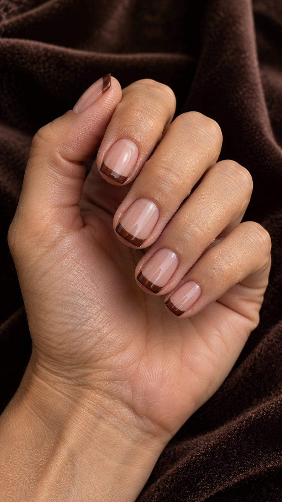 Short Almond Sheer Nude With Thin Dark Brown Line, короткий миндаль Short Almond Sheer Nude With Thin Dark Brown Line, короткий миндаль — Brown French Tip Nails