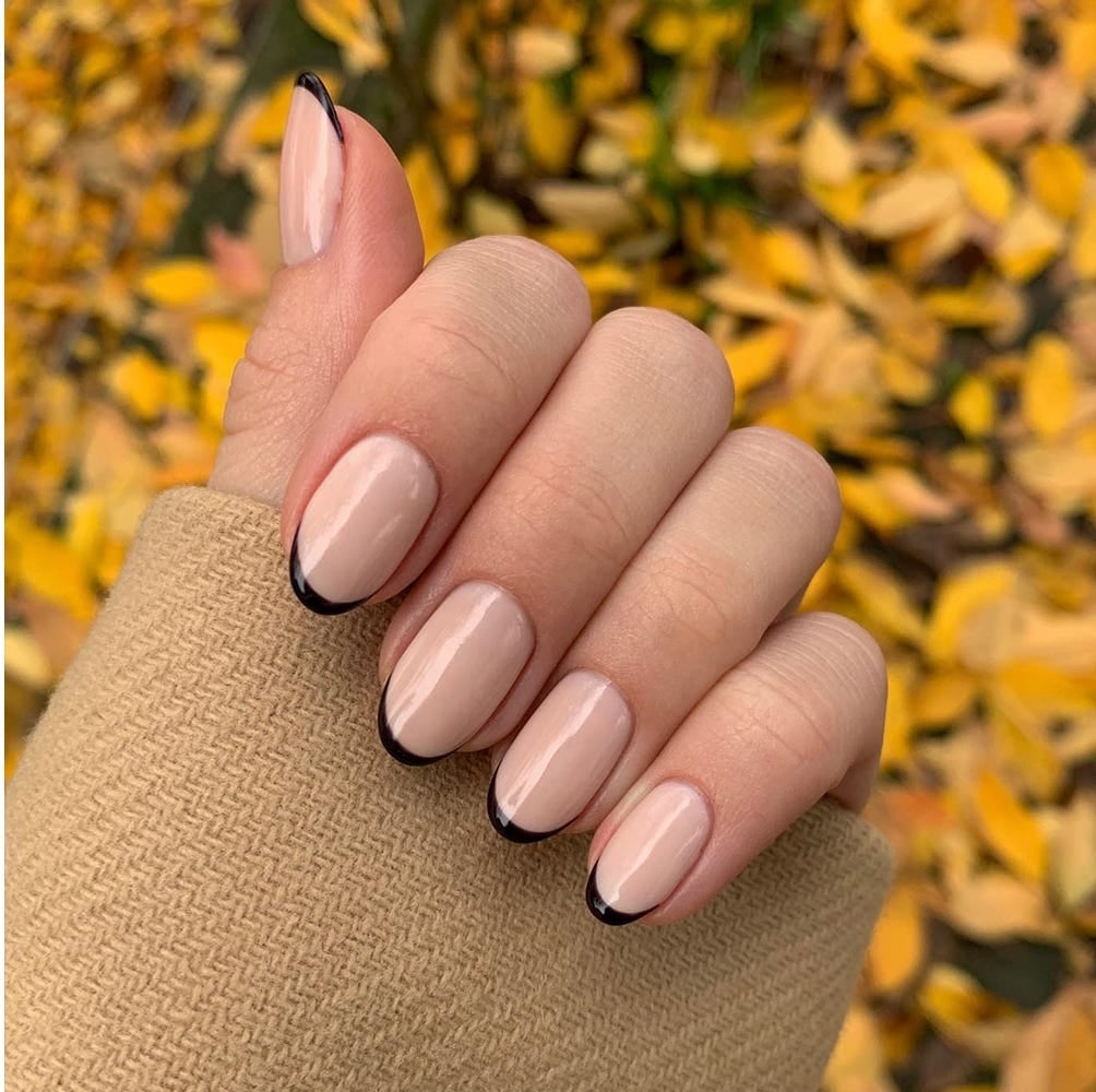 Short Oval Sheer Nude With Deep Dark Brown French Tip Short Oval Sheer Nude With Deep Dark Brown French Tip — Brown French Tip Nails