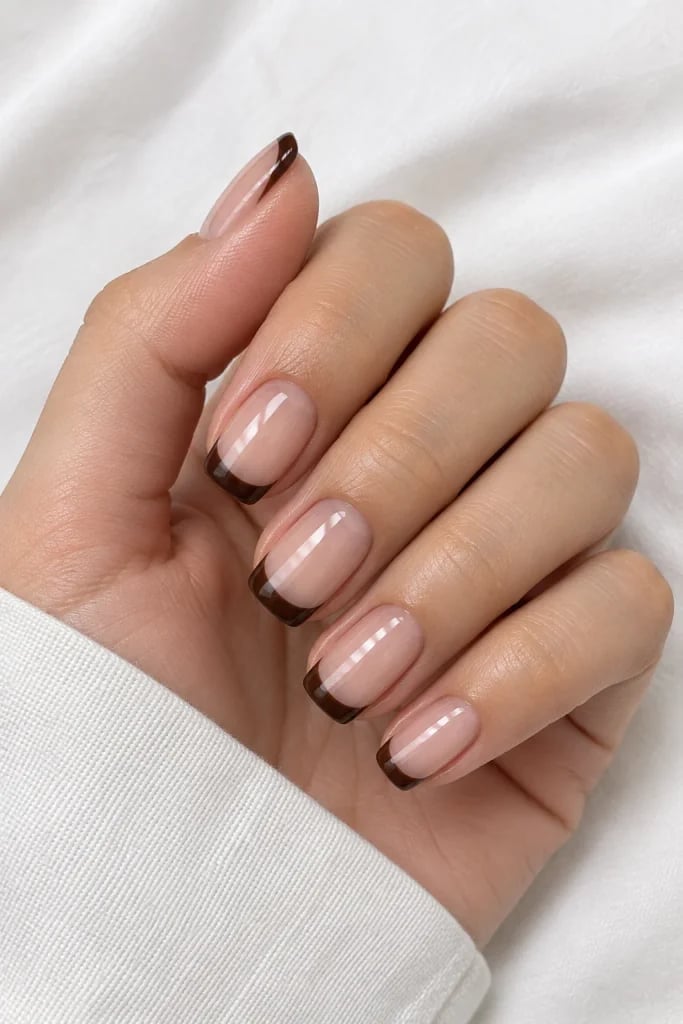 Short Square Sheer Nude With Dark Brown French Tip, Glossy Short Square Sheer Nude With Dark Brown French Tip, Glossy — Brown French Tip Nails