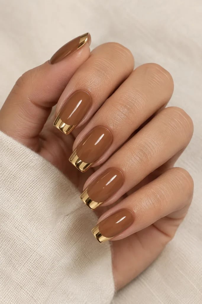 Short Oval Brown French Tip With Gold Chrome Edge Short Oval Brown French Tip With Gold Chrome Edge — Brown French Tip Nails