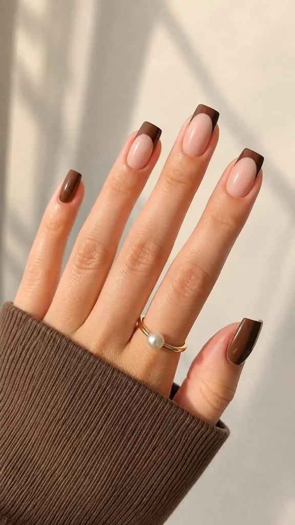 Medium Square Brown French Tip With Gold Outline Medium Square Brown French Tip With Gold Outline — Brown French Tip Nails
