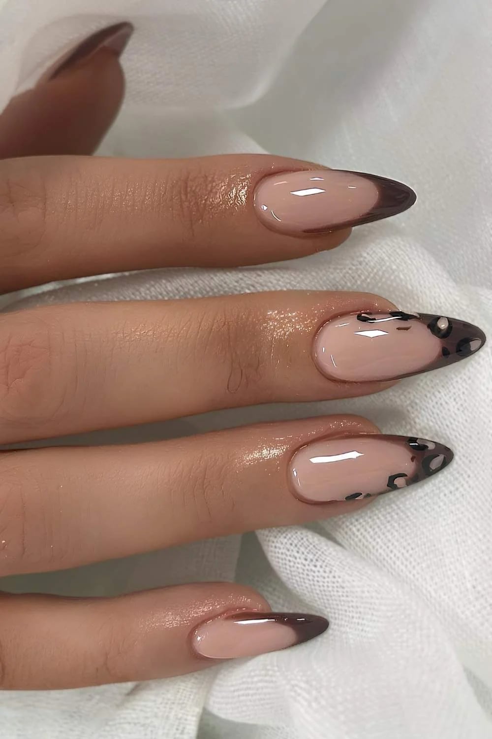 Medium Almond Brown Black Leopard Print French Tip Medium Almond Brown Black Leopard Print French Tip — Brown French Tip Nails
