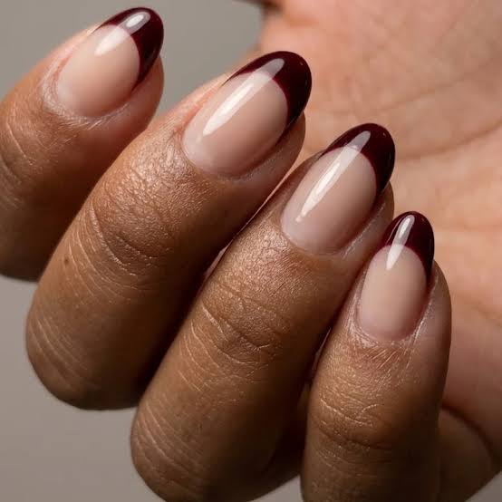 Medium Almond Sheer Pink With Dark Brown French Tip Medium Almond Sheer Pink With Dark Brown French Tip — Brown French Tip Nails