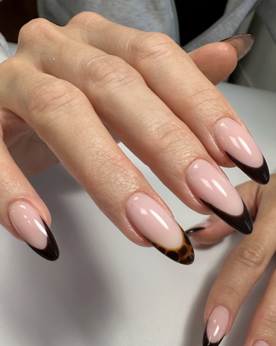 Medium Almond Sheer Pink With Dark Brown French Tip, Close-Up Take Medium Almond Sheer Pink With Dark Brown French Tip, Close-Up Take — Brown French Tip Nails