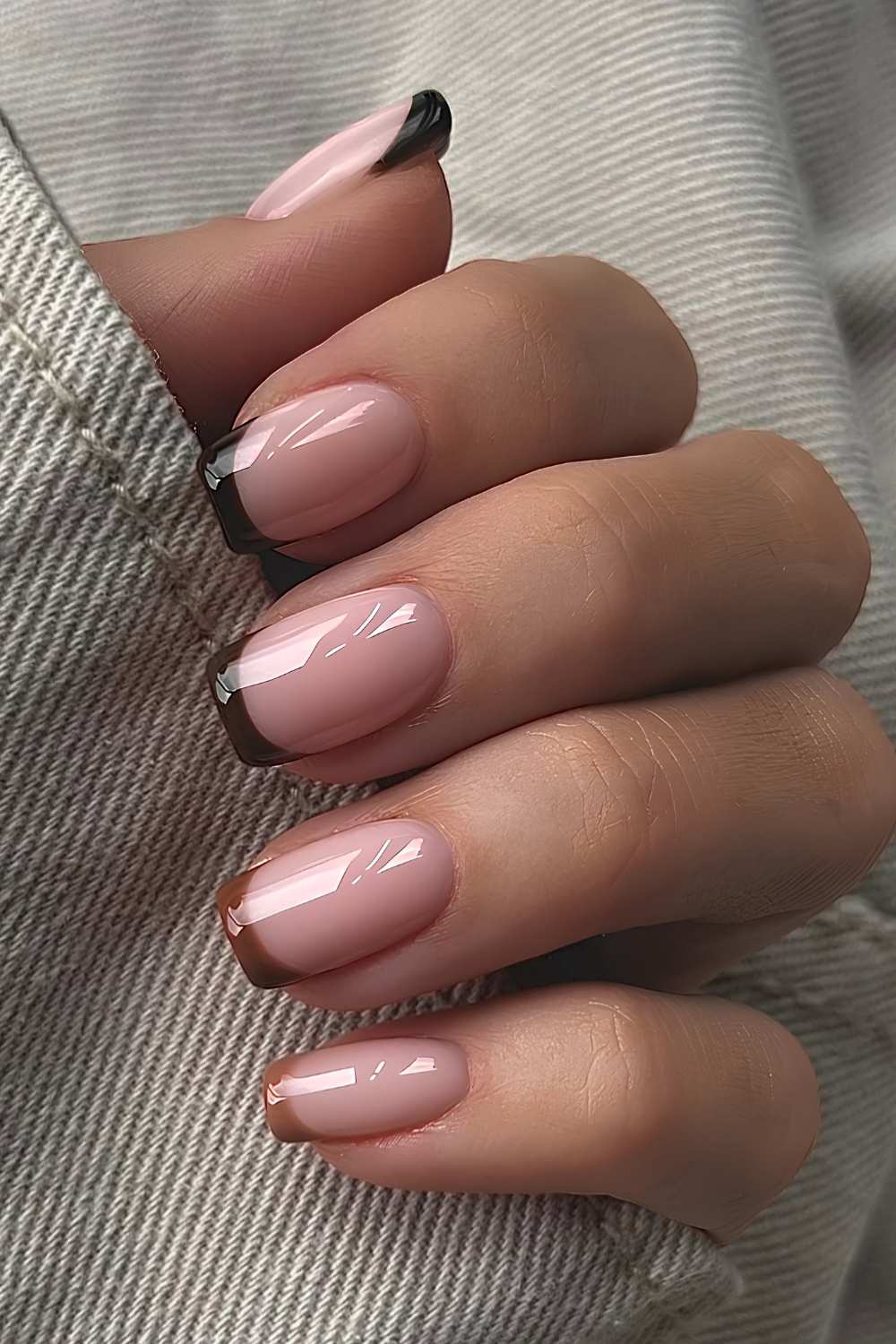 Medium Almond Sheer Nude With Rich Brown French, Office-Safe Version Medium Almond Sheer Nude With Rich Brown French, Office-Safe Version — Brown French Tip Nails