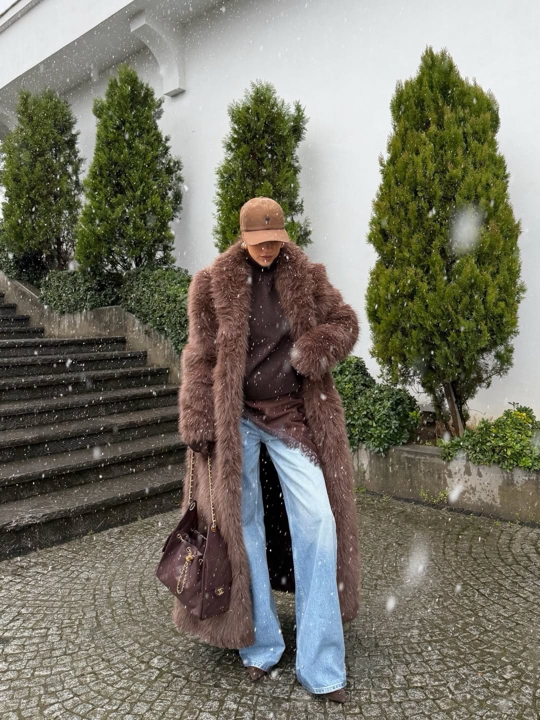 Brown Fur Coat With Light Wash Wide Leg Jeans