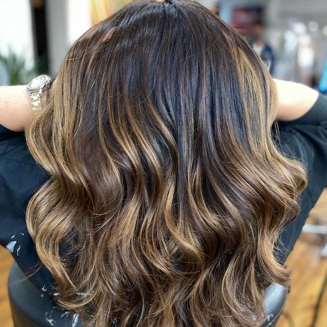 Shoulder-Length Dark Brown With Caramel Balayage Shoulder-Length Dark Brown With Caramel Balayage — Brown Hair Color
