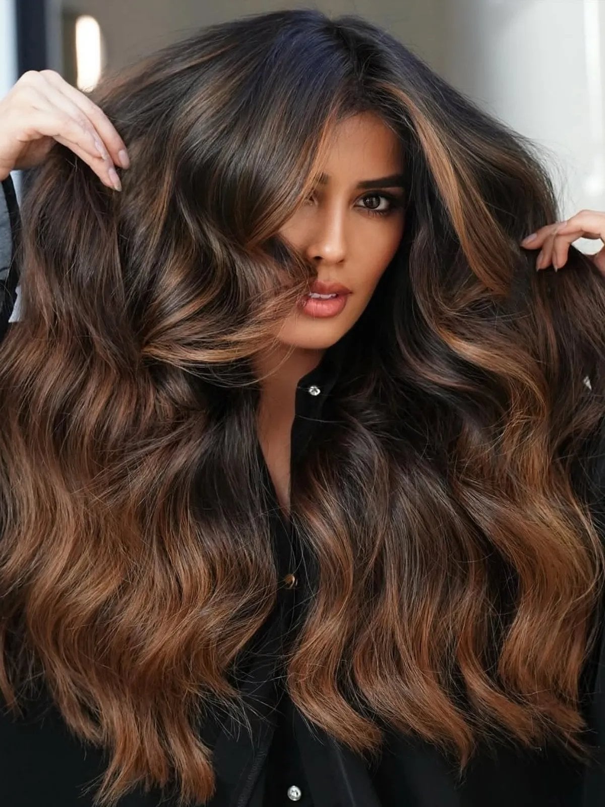 Dark Brown With Caramel Balayage Waves Dark Brown With Caramel Balayage Waves — Brown Hair Color