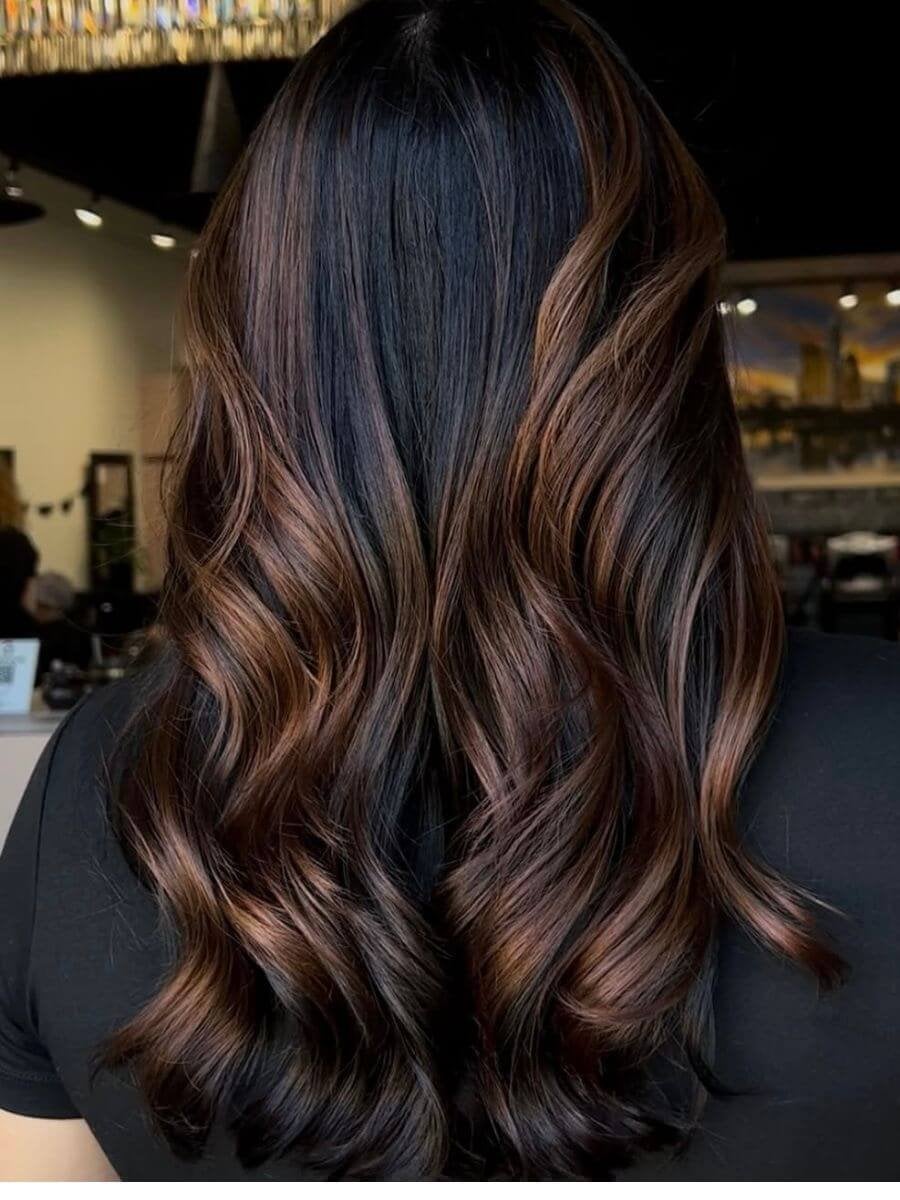 Dark Brown With Dimensional Caramel Balayage, Mid-Back Dark Brown With Dimensional Caramel Balayage, Mid-Back — Brown Hair Color
