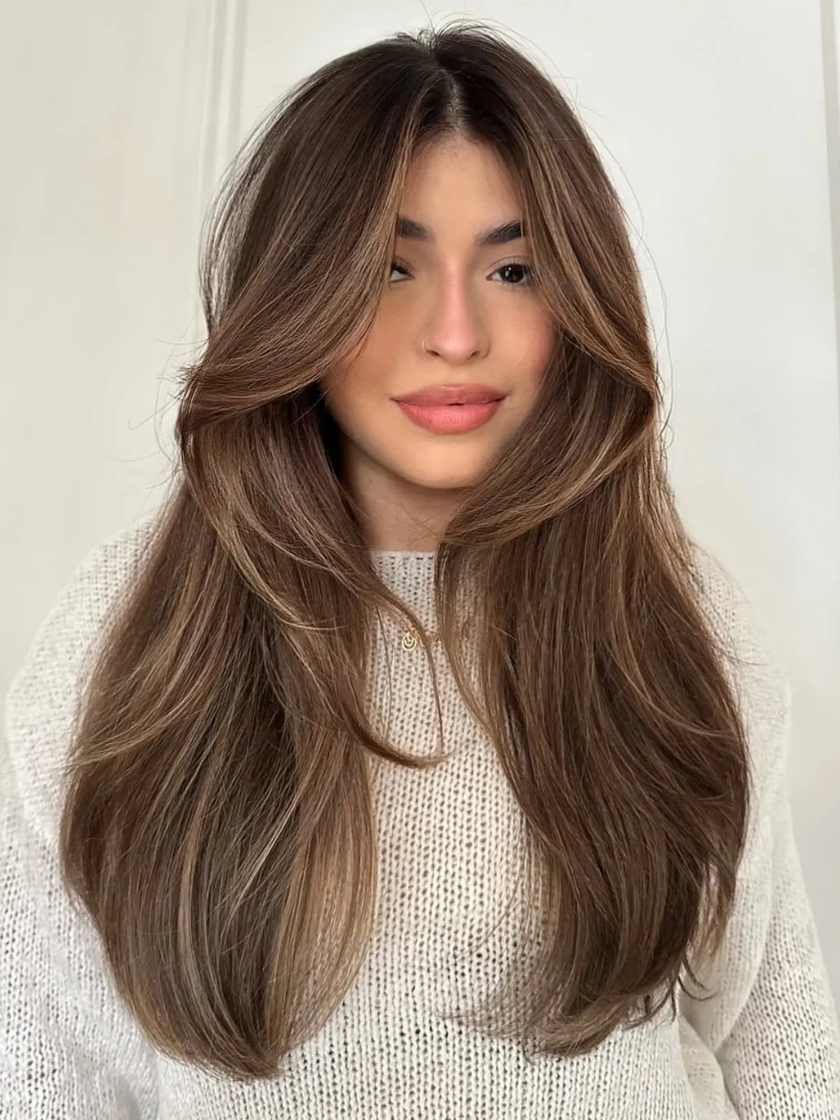 Medium Brown With Subtle Highlights and Curtain Bangs Medium Brown With Subtle Highlights and Curtain Bangs — Brown Hair Color