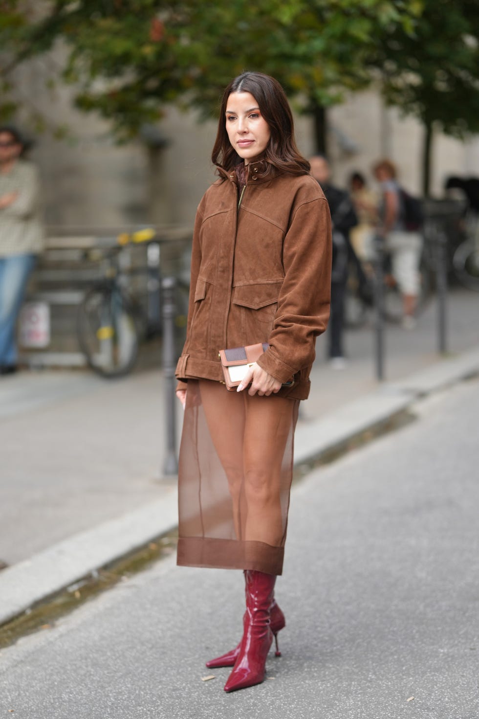 Brown utility jacket meets sheer skirt Brown utility jacket meets sheer skirt — Brown Jacket Outfit