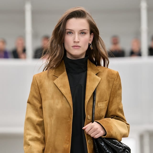 Camel suede blazer with black turtleneck Camel suede blazer with black turtleneck — Brown Jacket Outfit