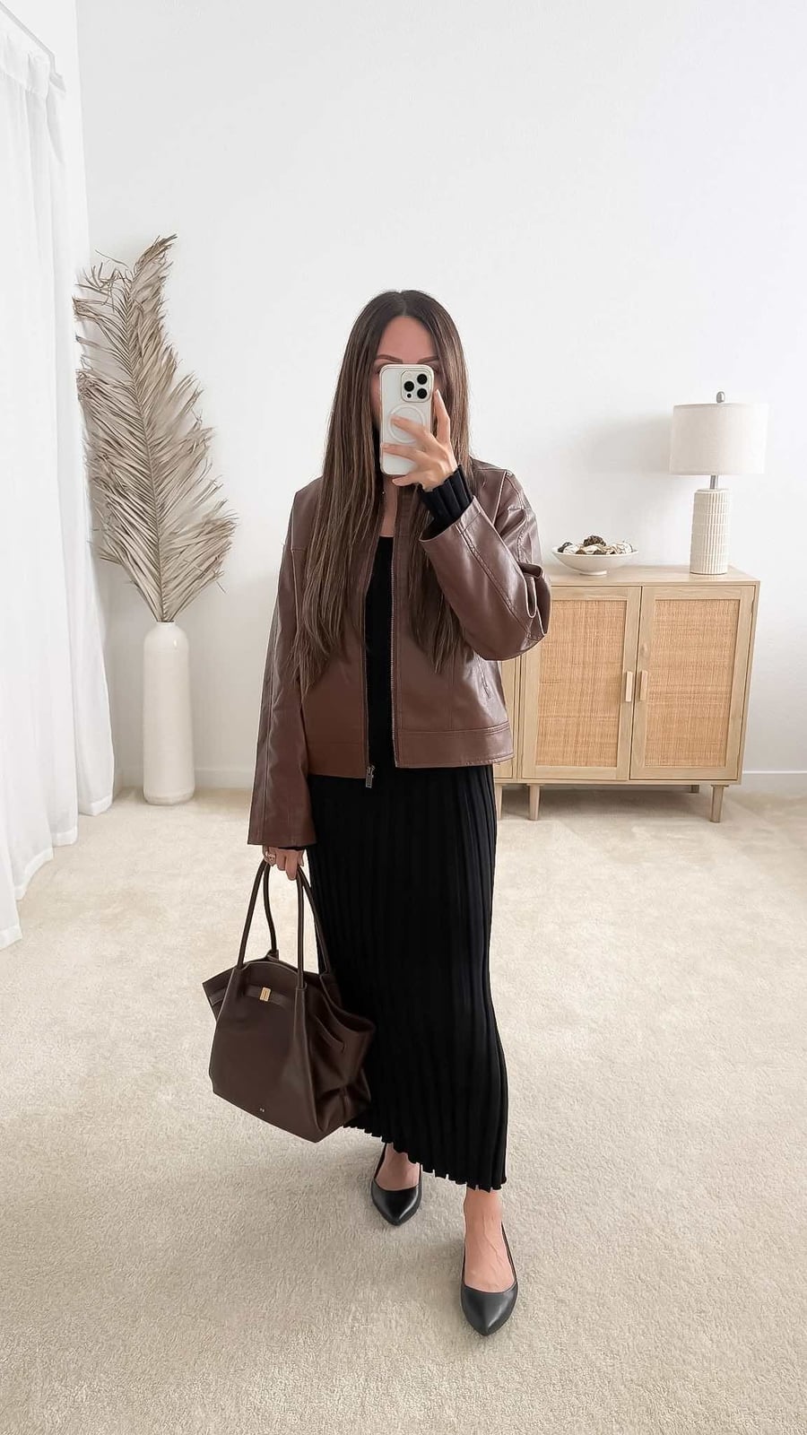 Brown faux leather jacket with a knit dress Brown faux leather jacket with a knit dress — Brown Jacket Outfit
