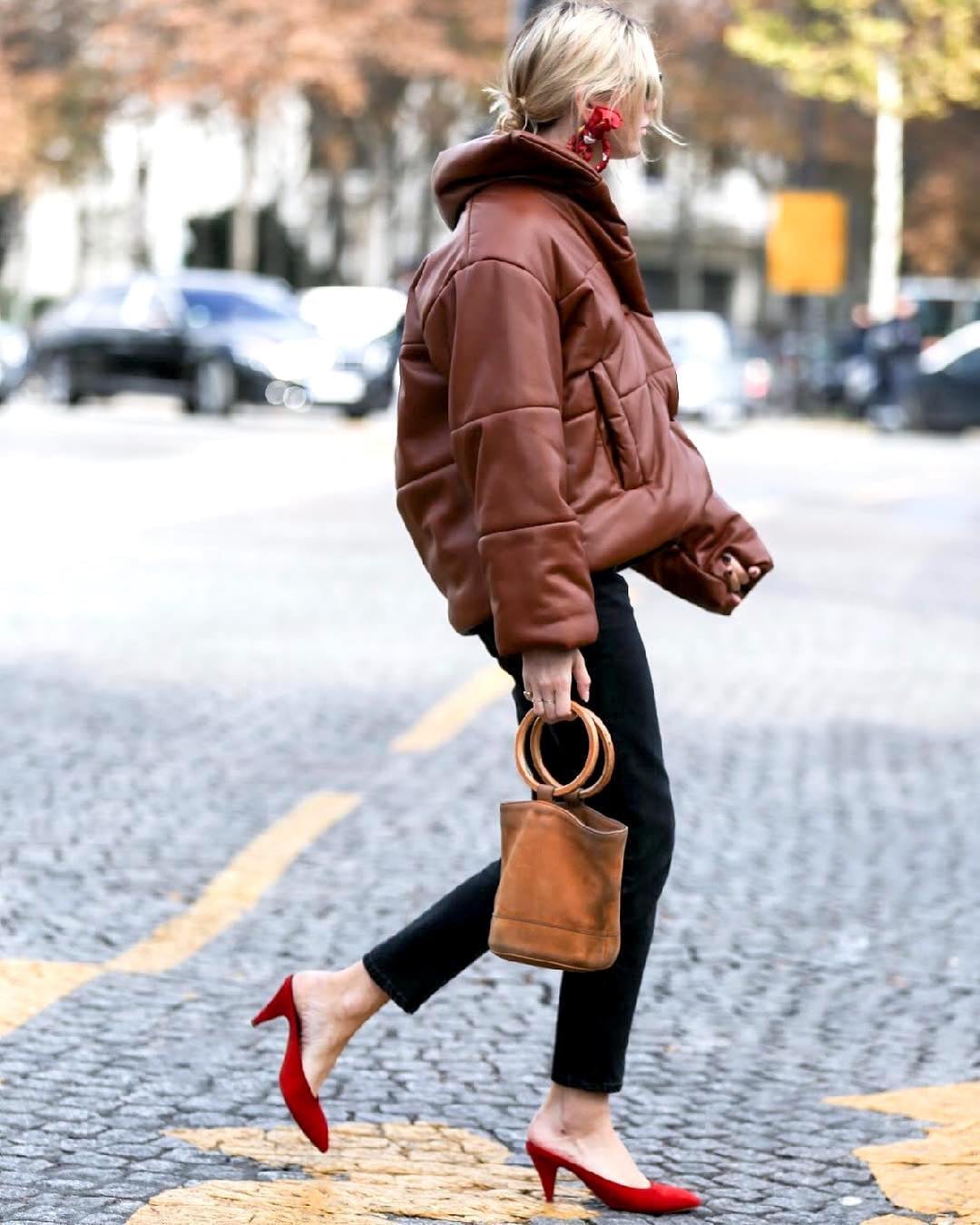 Oversized brown puffer jacket with red accents Oversized brown puffer jacket with red accents — Brown Jacket Outfit