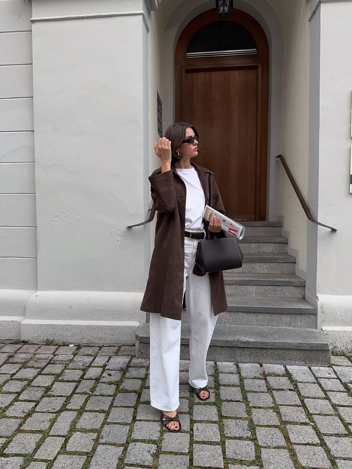 Longline brown jacket over white separates Longline brown jacket over white separates — Brown Jacket Outfit
