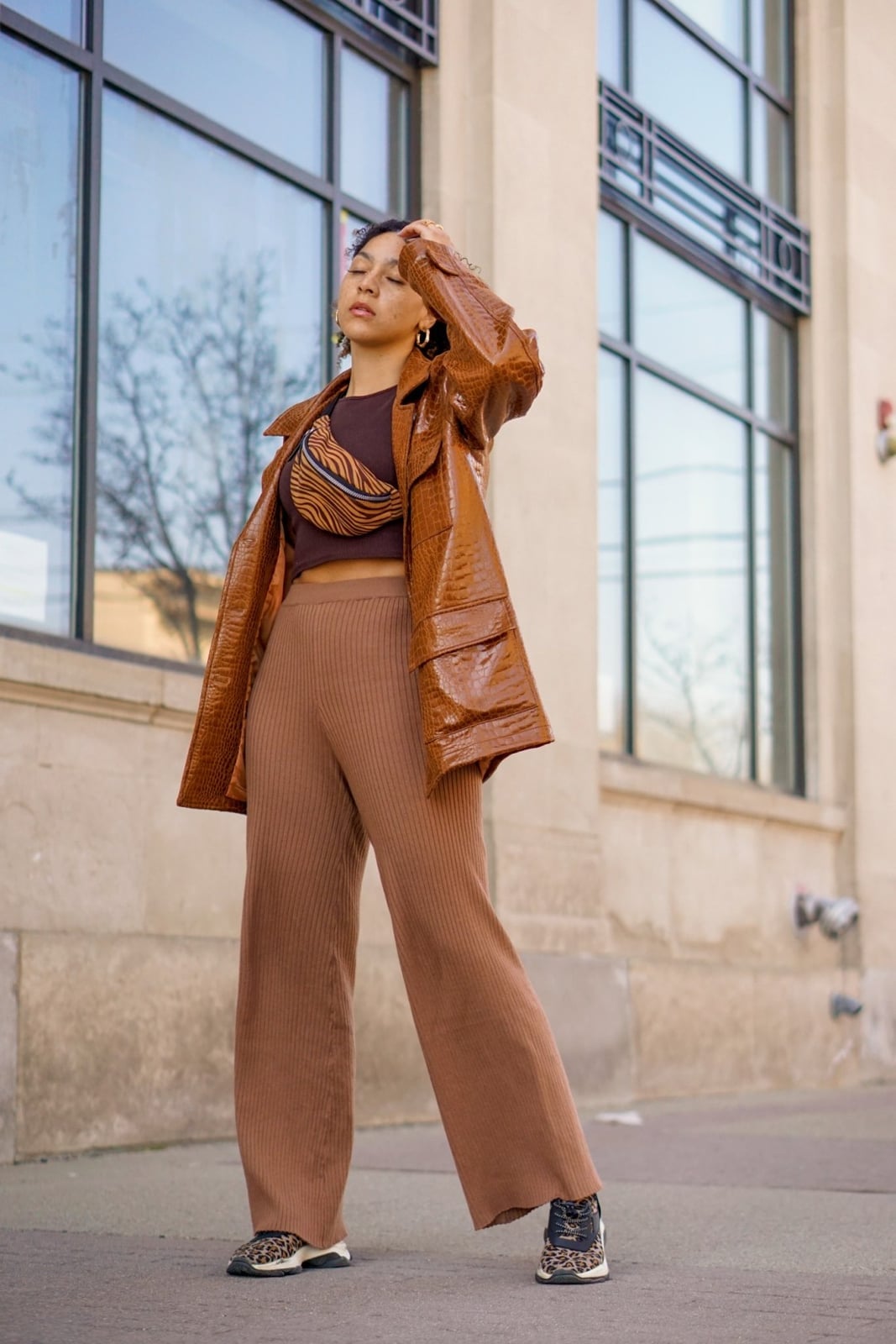 Glossy patent brown jacket with knit pants Glossy patent brown jacket with knit pants — Brown Jacket Outfit