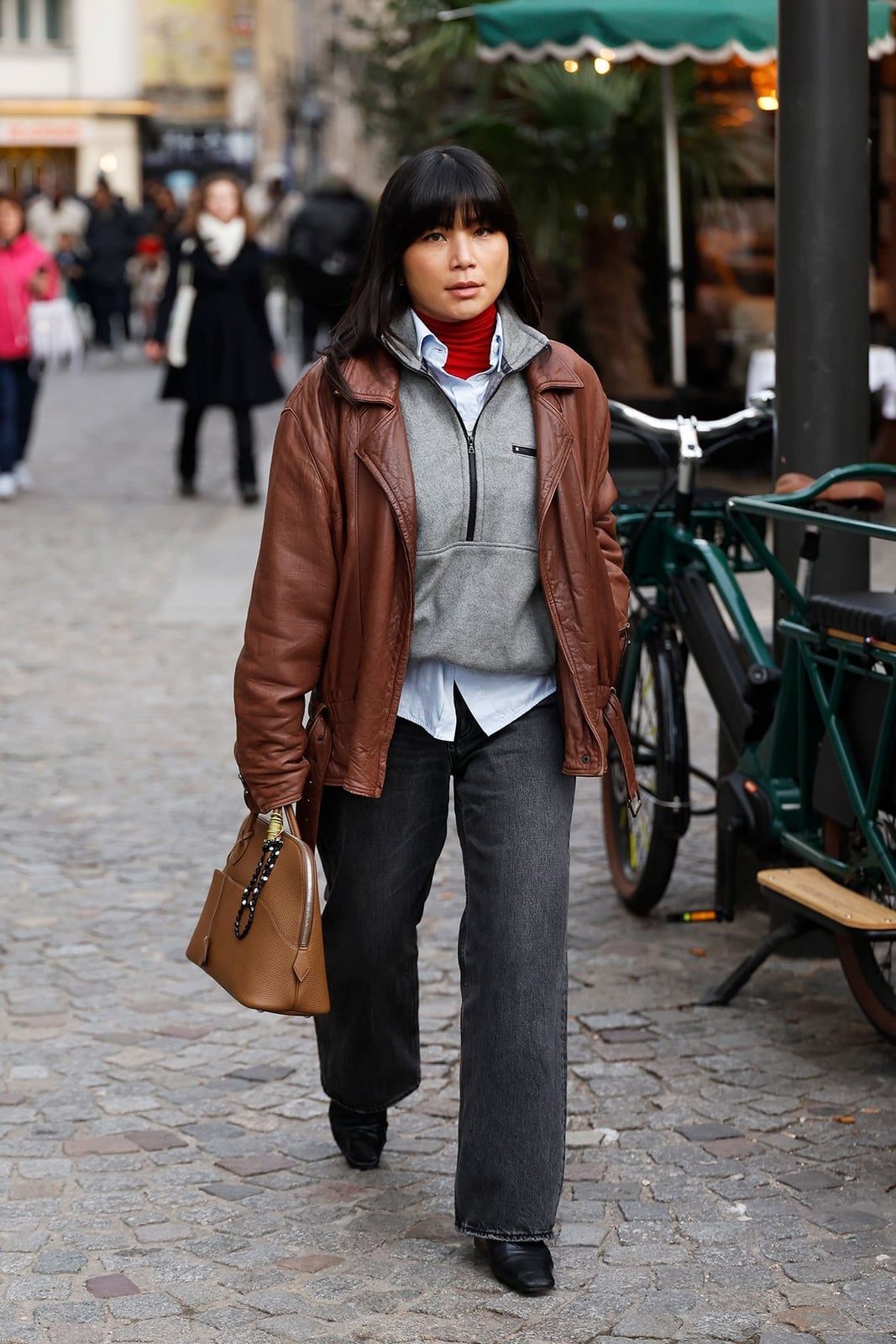 Brown leather jacket layered for a casual vibe Brown leather jacket layered for a casual vibe — Brown Jacket Outfit