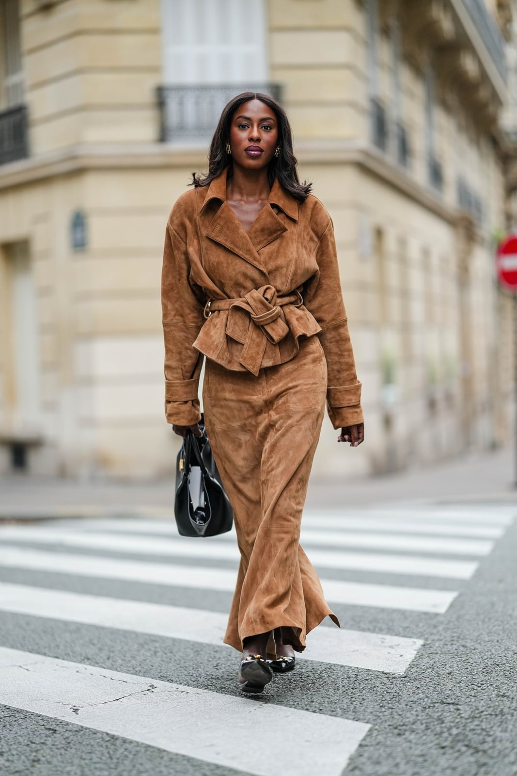 Belted suede jacket creates a monochromatic brown look Belted suede jacket creates a monochromatic brown look — Brown Jacket Outfit