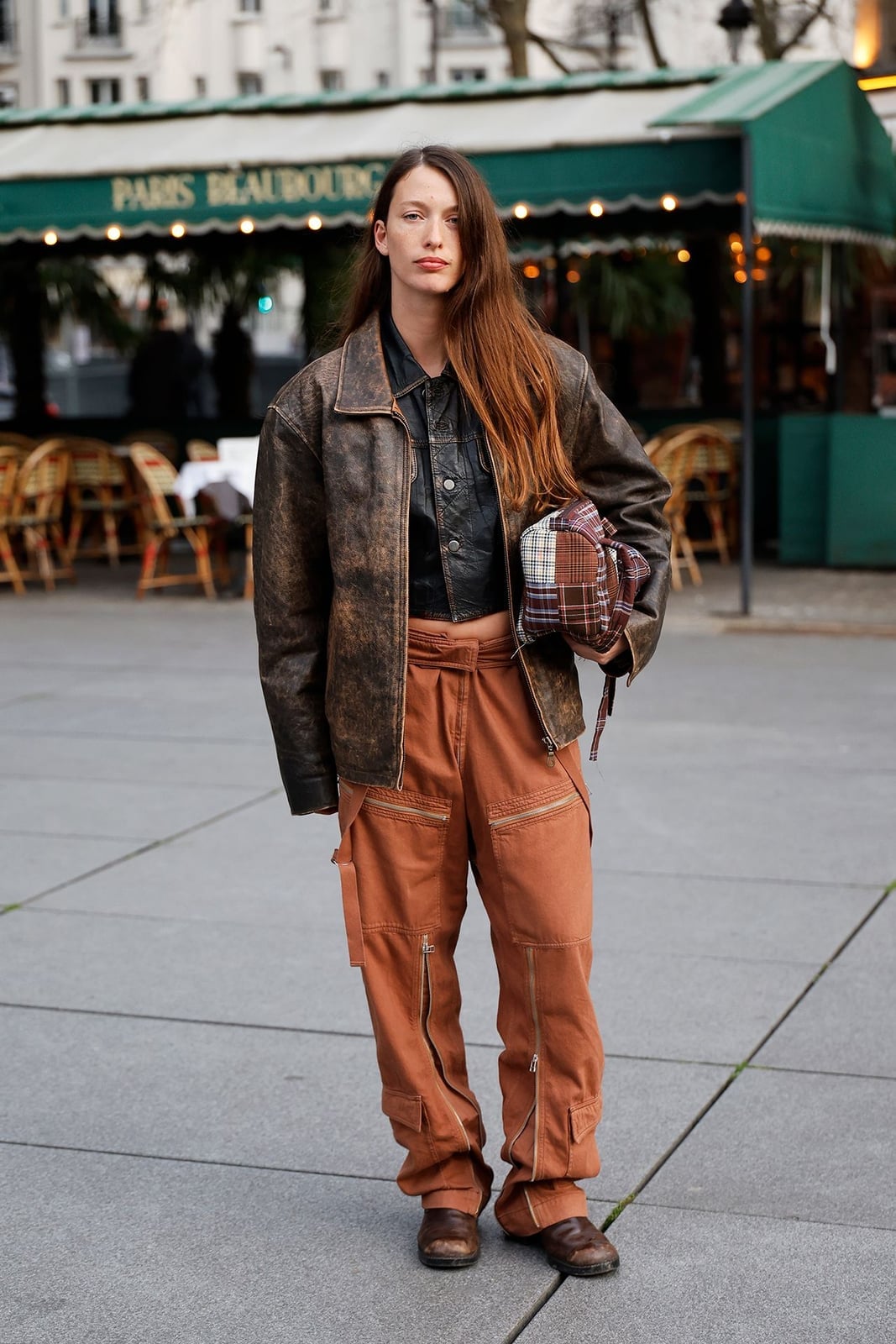 Distressed leather jacket adds edge to cargo pants Distressed leather jacket adds edge to cargo pants — Brown Jacket Outfit
