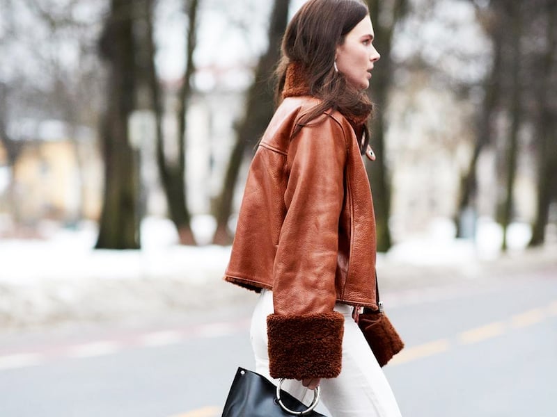 Brown leather jacket with shearling trim detail Brown leather jacket with shearling trim detail — Brown Jacket Outfit