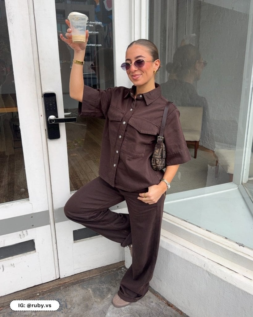 Brown wide leg jeans with white t-shirt, Office-Safe Version Brown wide leg jeans with white t-shirt, Office-Safe Version — Brown Jeans Outfits