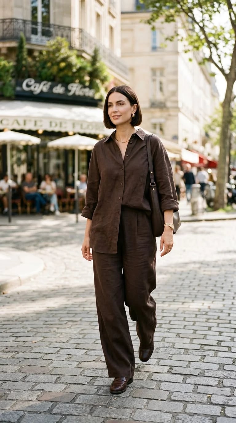 Brown linen trousers with brown button-up shirt and loafers Brown linen trousers with brown button-up shirt and loafers — Brown Jeans Outfits