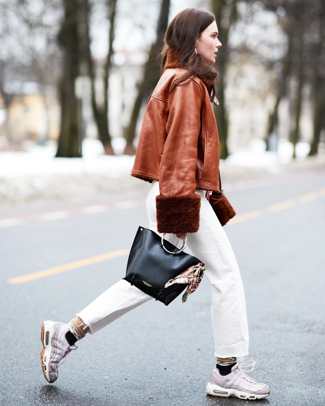 Brown Shearling Lined Leather Jacket With White Jeans Brown Shearling Lined Leather Jacket With White Jeans — Brown Leather Jacket Outfit