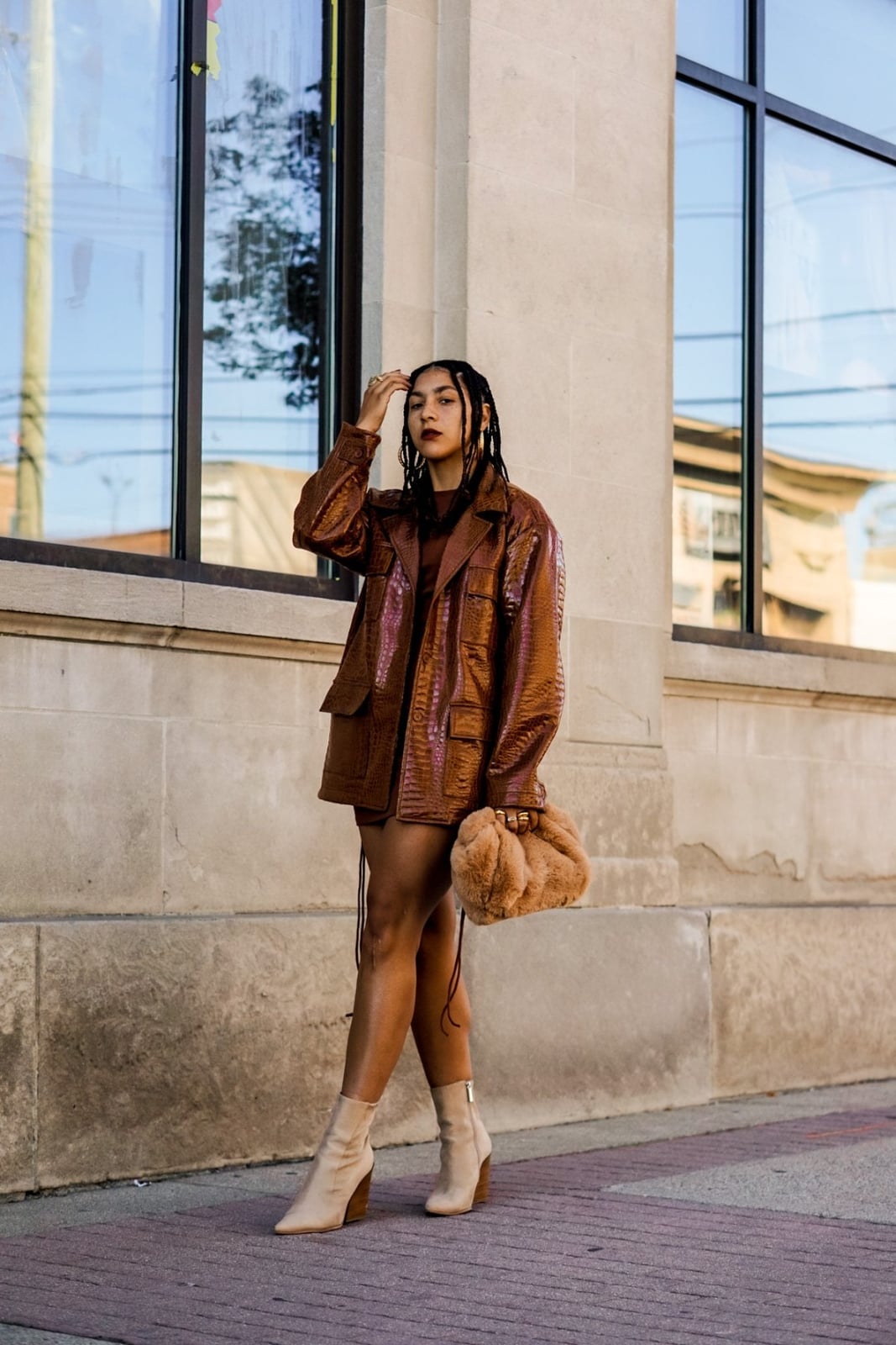 Textured Brown Jacket With Matching Mini Dress Textured Brown Jacket With Matching Mini Dress — Brown Leather Jacket Outfit