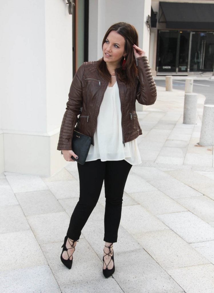 Fitted Brown Leather Jacket With White Top And Black Pants Fitted Brown Leather Jacket With White Top And Black Pants — Brown Leather Jacket Outfit