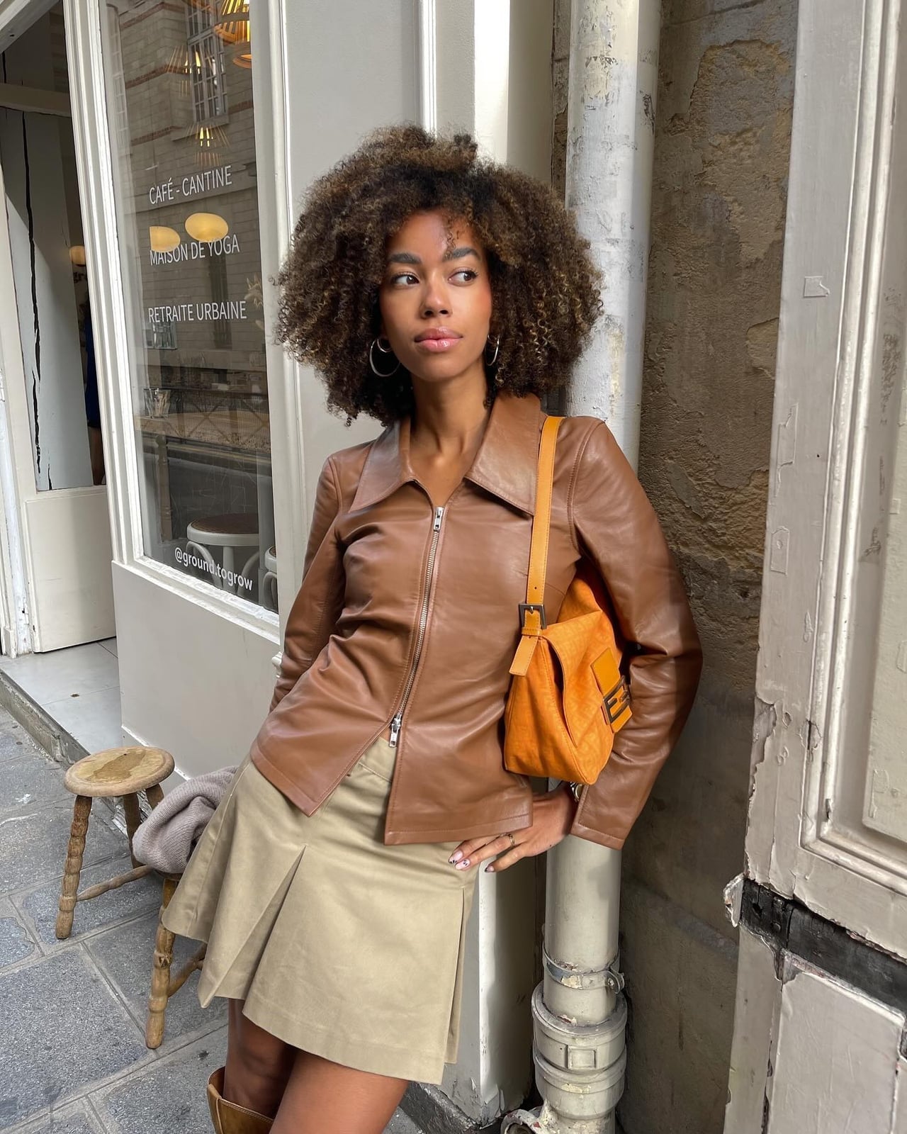 Fitted Brown Leather Jacket With Beige A-line Skirt Fitted Brown Leather Jacket With Beige A-line Skirt — Brown Leather Jacket Outfit