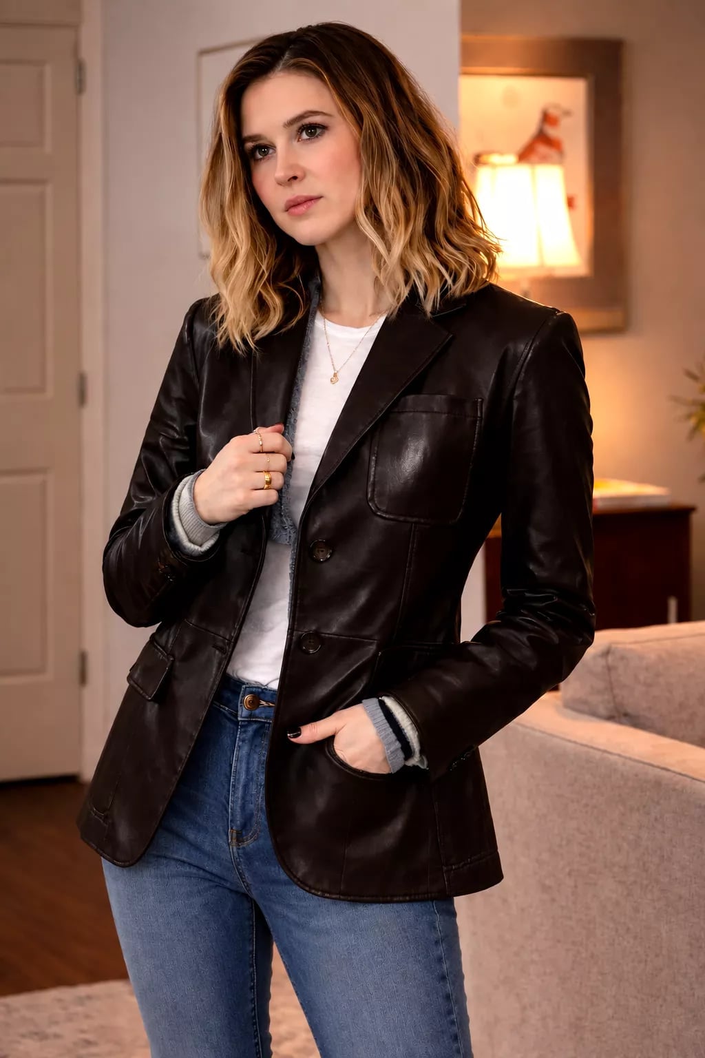 Dark Brown Leather Blazer With Gray Sweater Sleeves Dark Brown Leather Blazer With Gray Sweater Sleeves — Brown Leather Jacket Outfit
