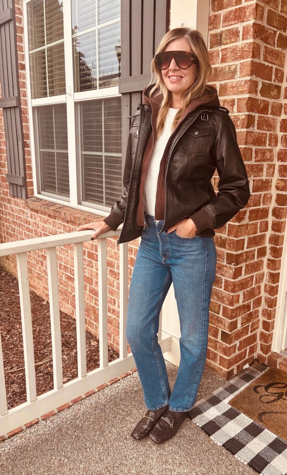 Hooded Brown Leather Jacket With Blue Jeans Hooded Brown Leather Jacket With Blue Jeans — Brown Leather Jacket Outfit