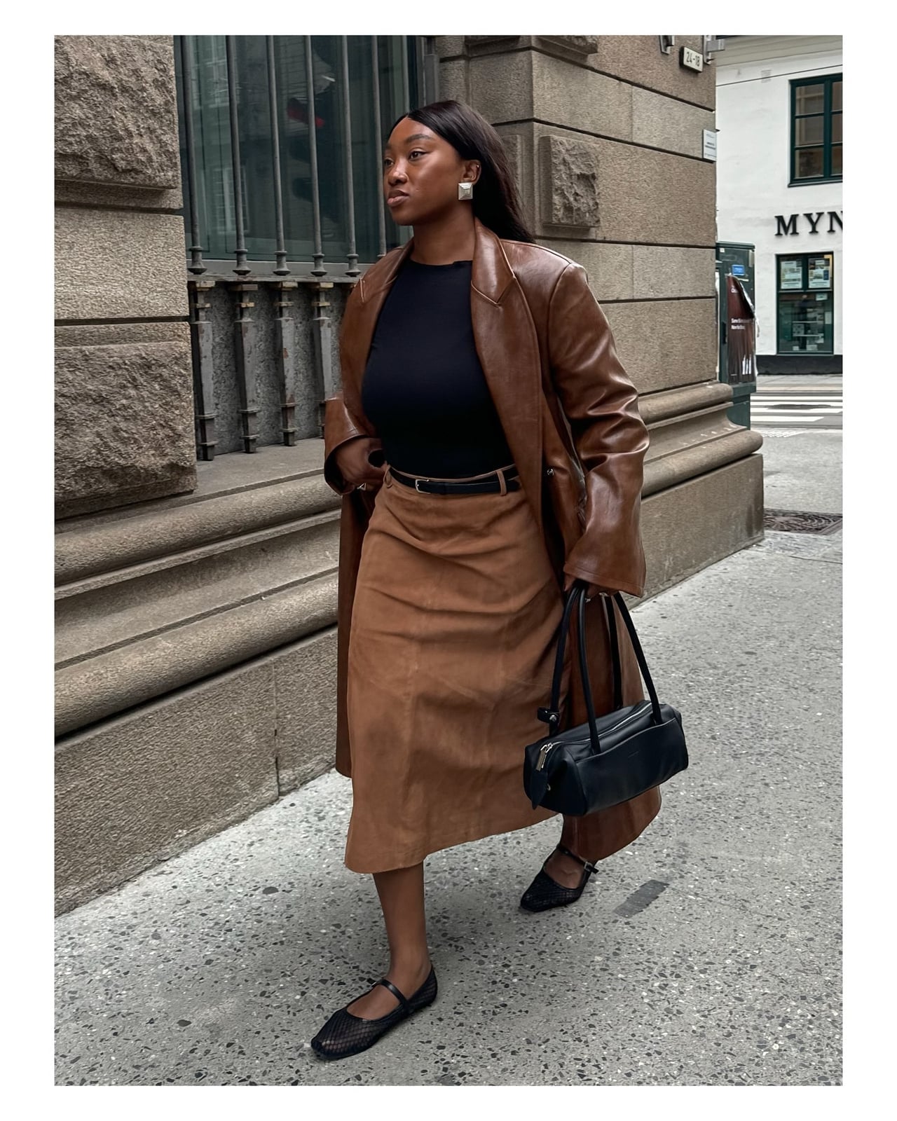 Longline Cognac Leather Coat With Suede Midi Skirt Longline Cognac Leather Coat With Suede Midi Skirt — Brown Leather Jacket Outfit