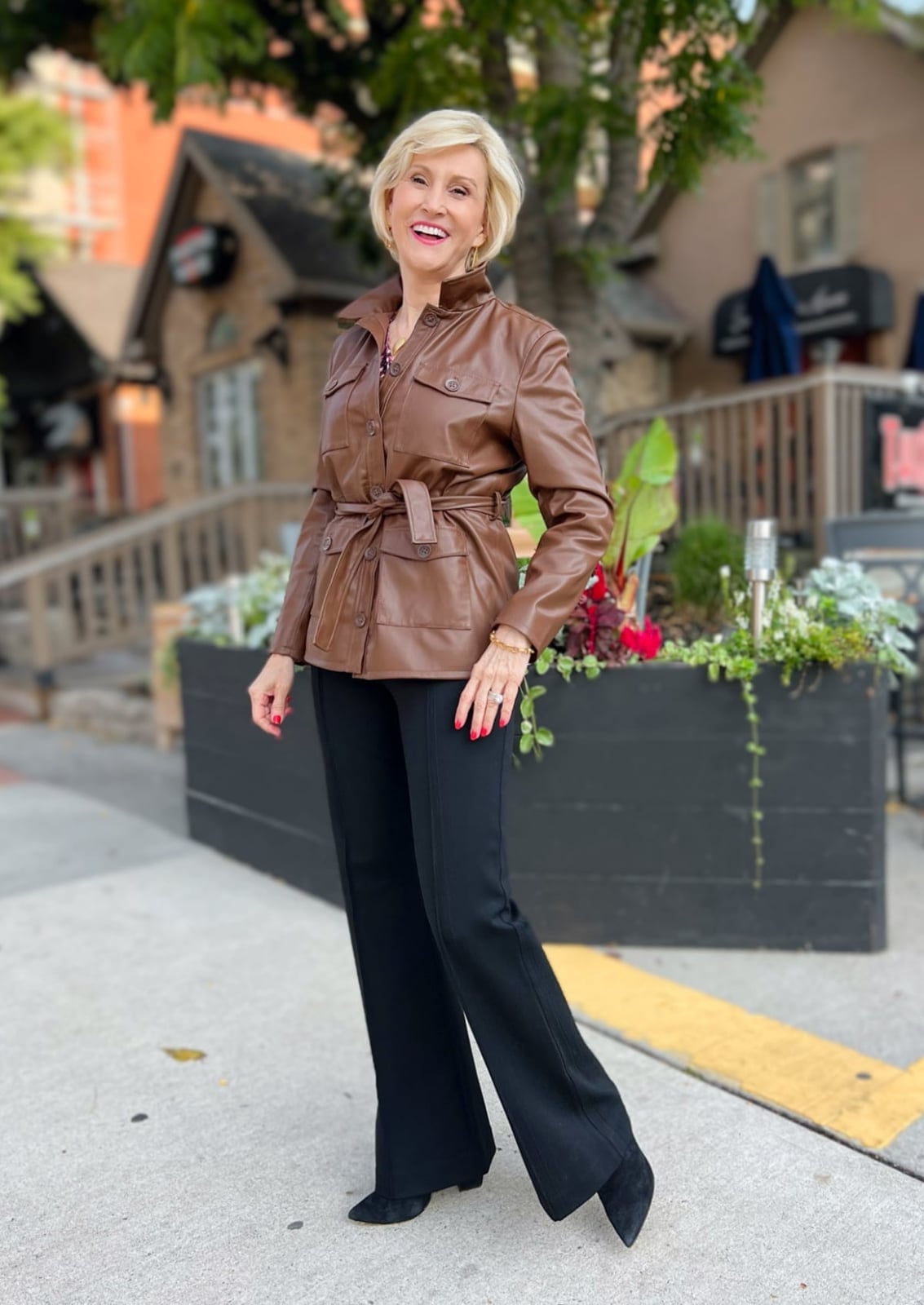 Brown Belted Leather Jacket With Black Flared Trousers Brown Belted Leather Jacket With Black Flared Trousers — Brown Leather Jacket Outfit