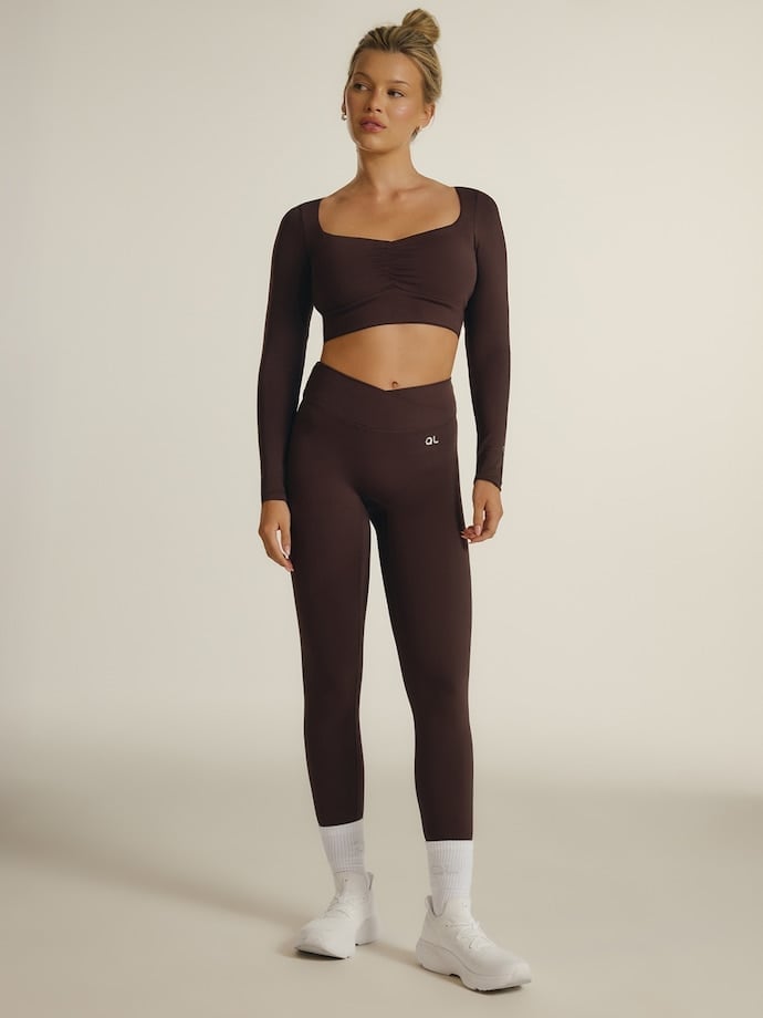 Deep brown ribbed set with a ruched crop top Deep brown ribbed set with a ruched crop top — Brown Leggings Outfit