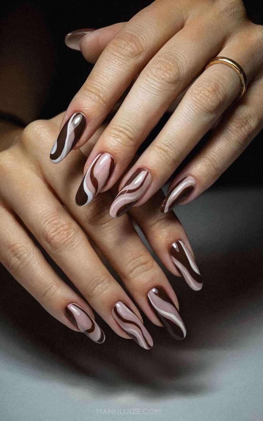 Medium Stiletto Abstract Swirl Brown White Nude Medium Stiletto Abstract Swirl Brown White Nude — Brown Nails